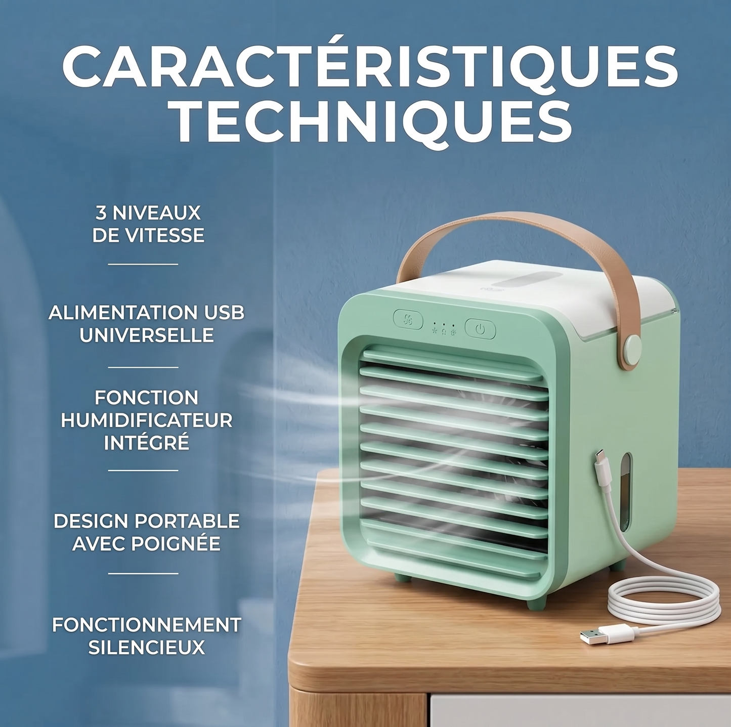 Mini Climatiseur USB Portable 3 Vitesses - Ventilateur + Humidificateur